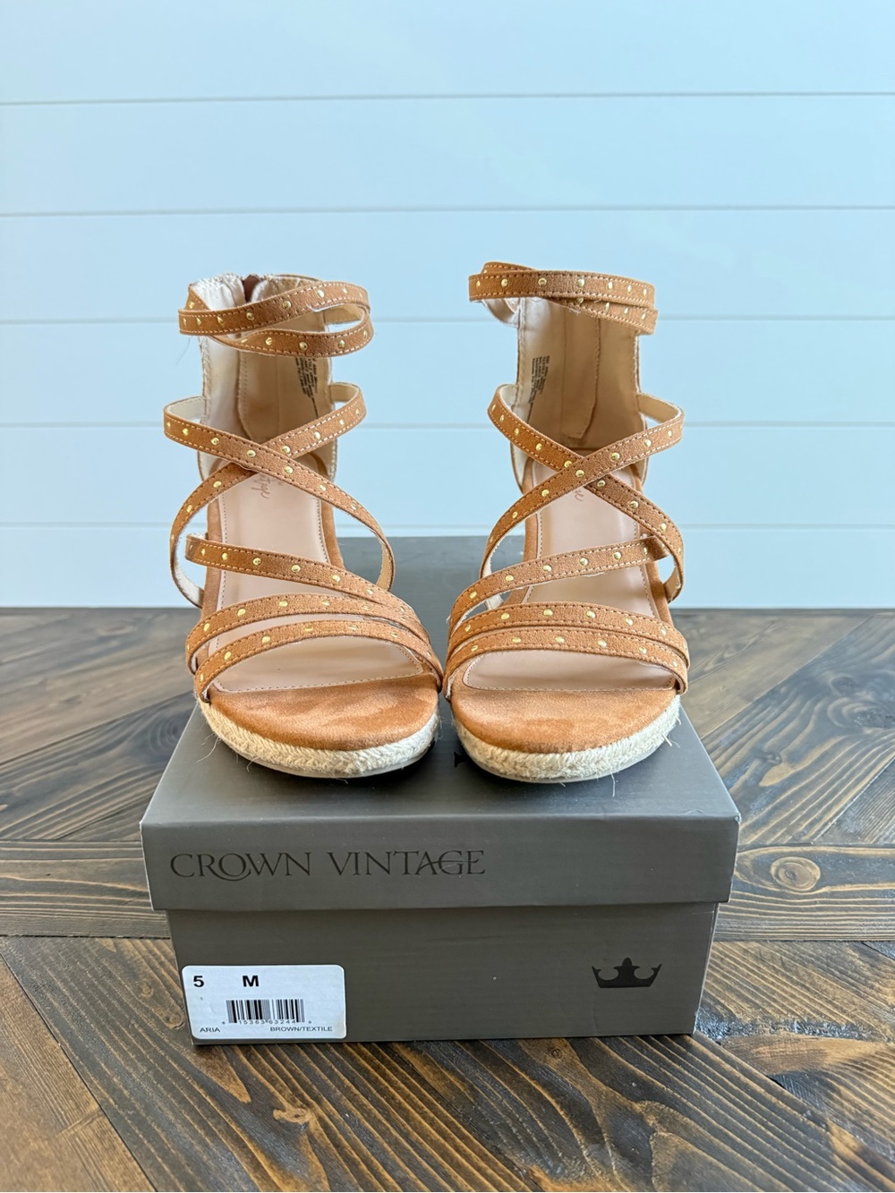Crown Vintage Girls Cognac Studded Strappy Espadrille Wedges